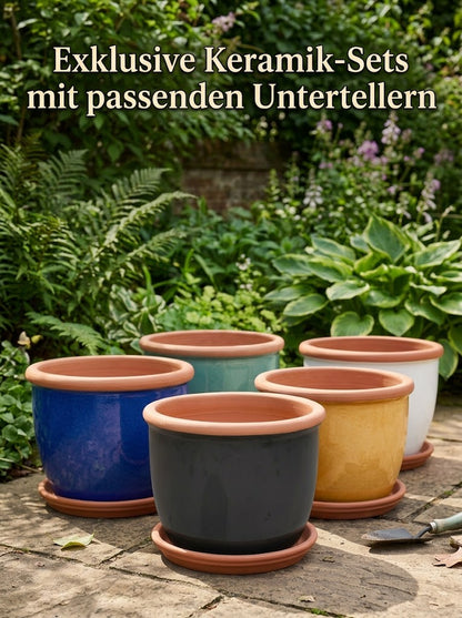 Keramik-Pflanztopf Farmer Gelb-Creme mit Terrakotta-Teller - 4 Größen