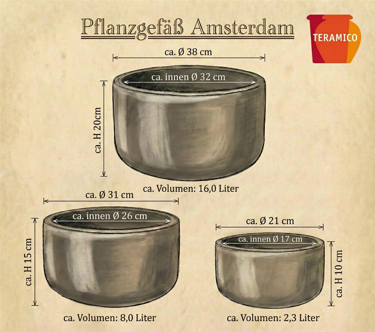 Pflanzschale "Amsterdam" Moosgrün – Ø 21 bis 38 cm – Frostfestes Steinzeug