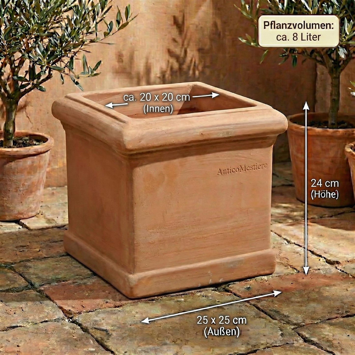 Terrakotta Topf quadratisch 25,8x25,8x24cm – frostfest & handgefertigt | Toscana