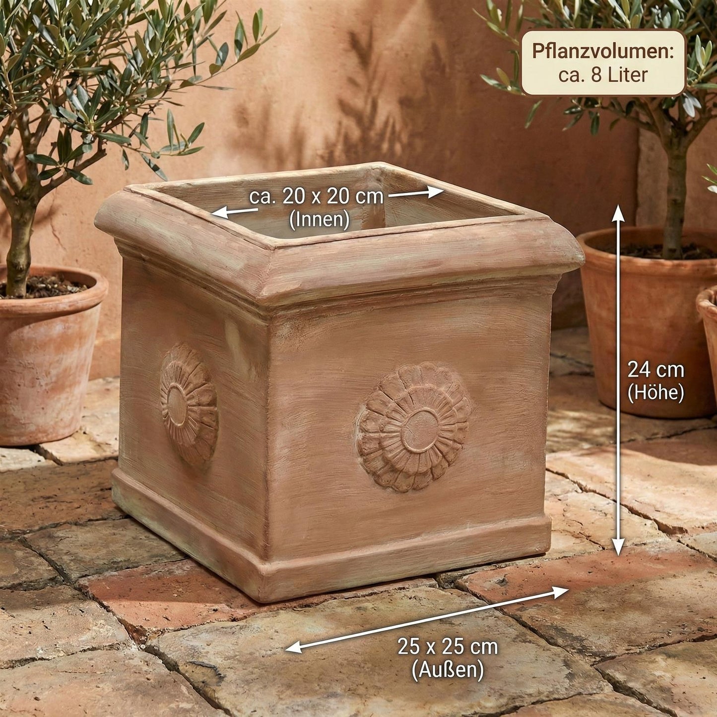 Terrakotta Topf quadratisch 25,8x25,8x24cm – frostfest & handgefertigt mit Rosette