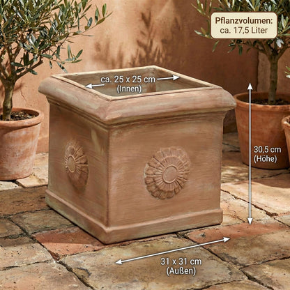 Terrakotta Pflanzgefäß eckig mit Rosette 31cm – Handgefertigt & frostfest | Teramico