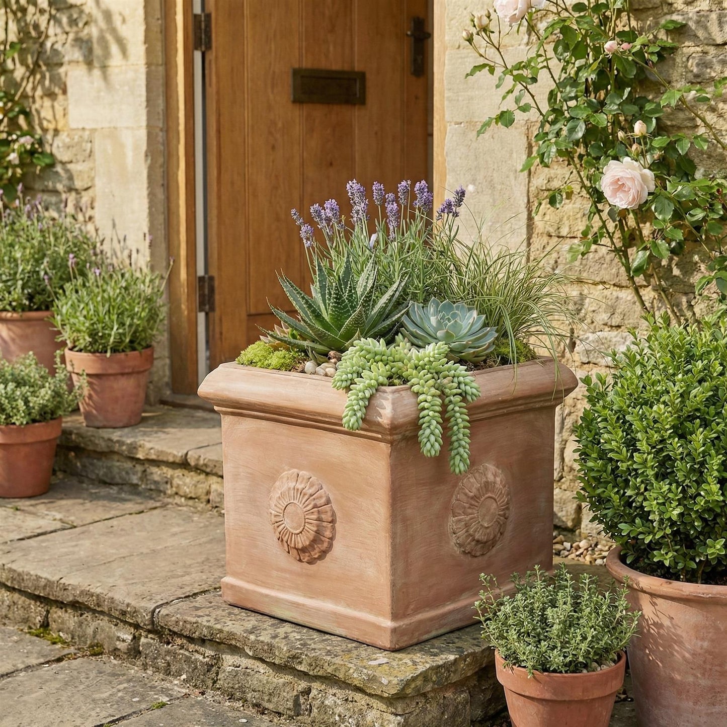 Terrakotta Pflanzgefäß eckig mit Rosette 31cm – Handgefertigt & frostfest | Teramico