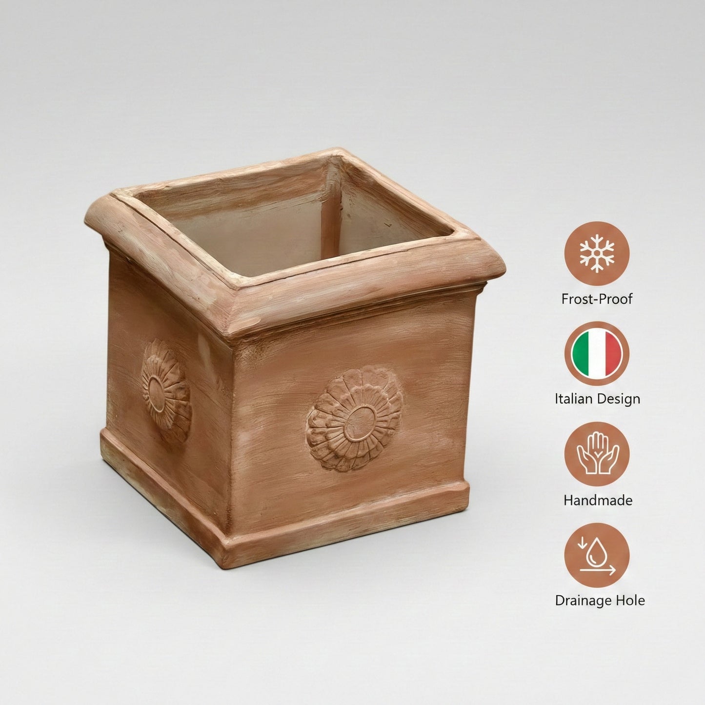 Terrakotta Pflanzgefäß eckig mit Rosette 31cm – Handgefertigt & frostfest | Teramico