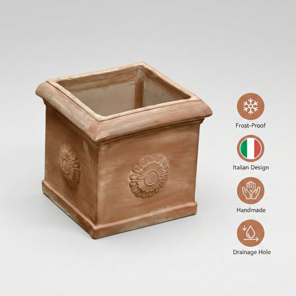Terrakotta Pflanzgefäß eckig mit Rosette 31cm – Handgefertigt & frostfest | Teramico