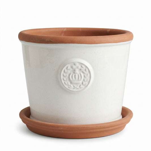 Teramico Pflanzgefäß-Set Provence Cremeweiß mit Krone-Motiv & Terracotta-Teller