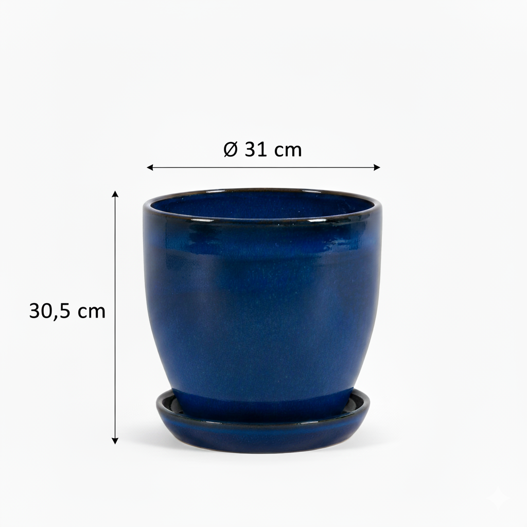 Blumentopf Pflanzgefäß Modell "EggPot" 31cm Keramik Royal Blau mit Teller
