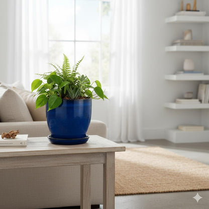 Blumentopf Pflanzgefäß Modell "EggPot" 31cm Keramik Royal Blau mit Teller