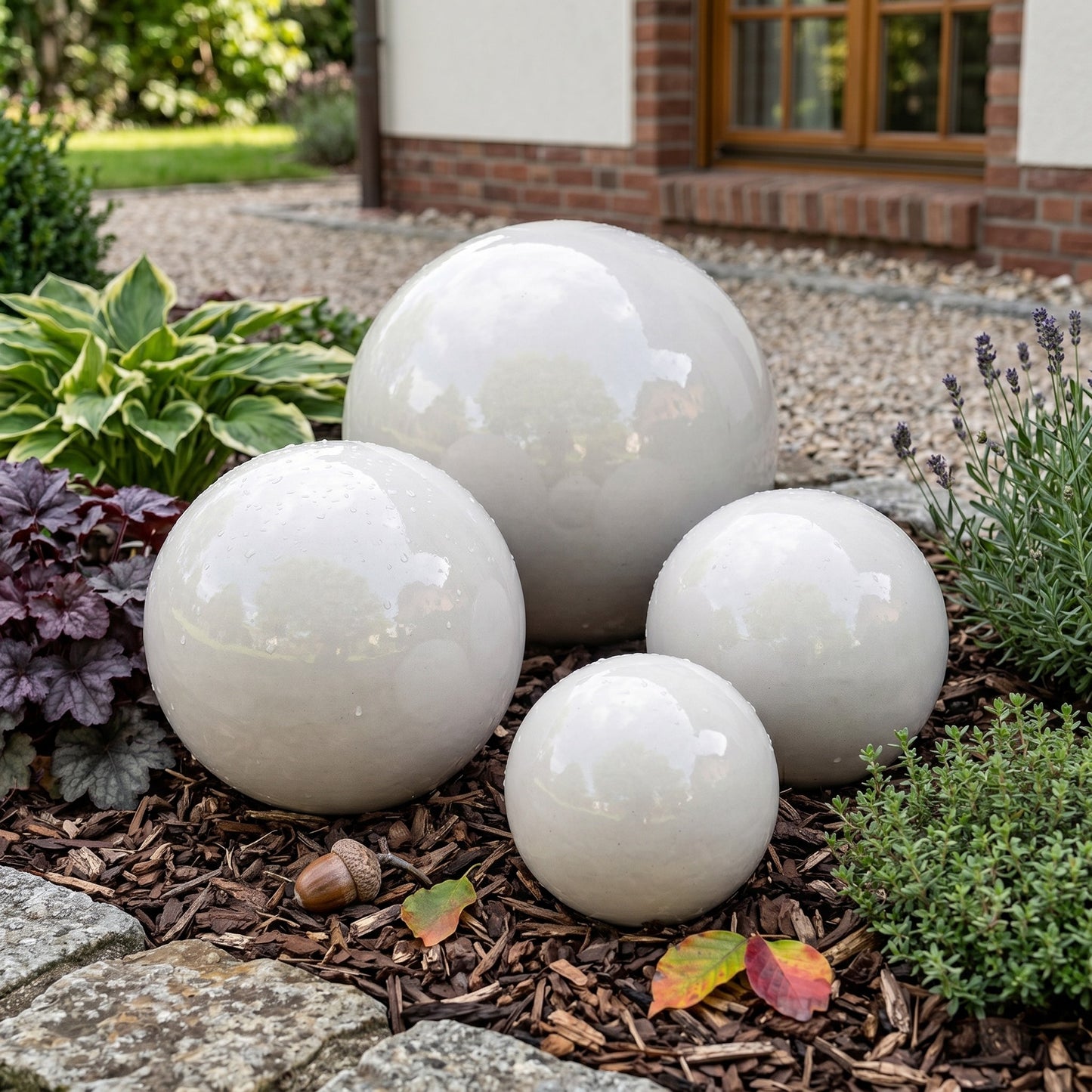 Gartenkugel Rosenkugel Keramik 28cm Grau-Weiß glasiert