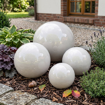 Gartenkugel Rosenkugel Keramik 28cm Grau-Weiß glasiert