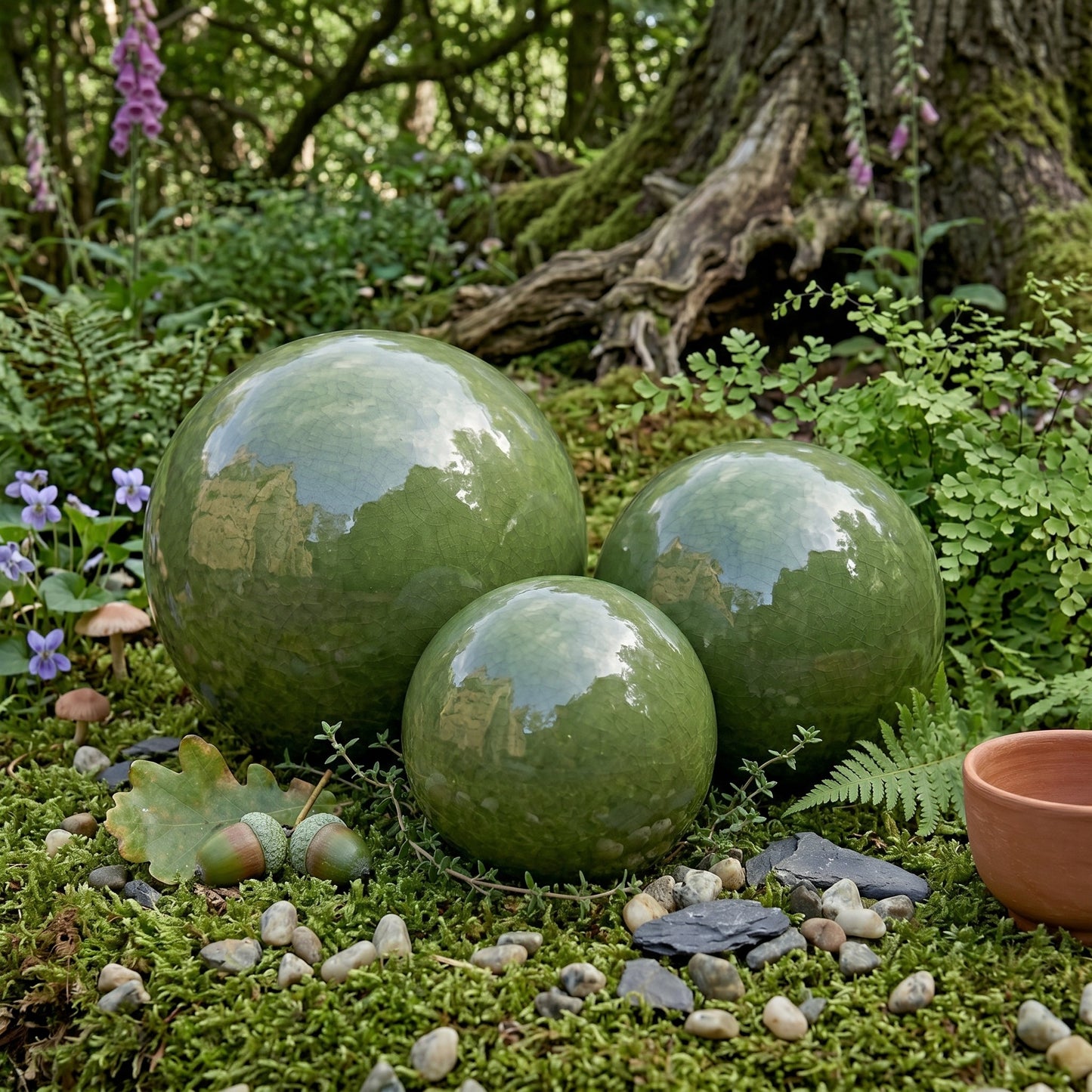Keramik Gartenkugeln Olivgrün 3er-Set (12, 16, 20 cm) – Frostfest & Handgefertigt