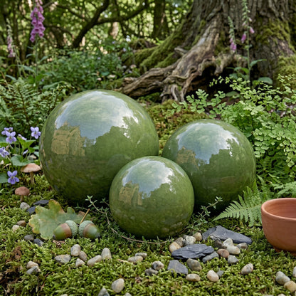 Keramik Gartenkugeln Olivgrün 3er-Set (12, 16, 20 cm) – Frostfest & Handgefertigt