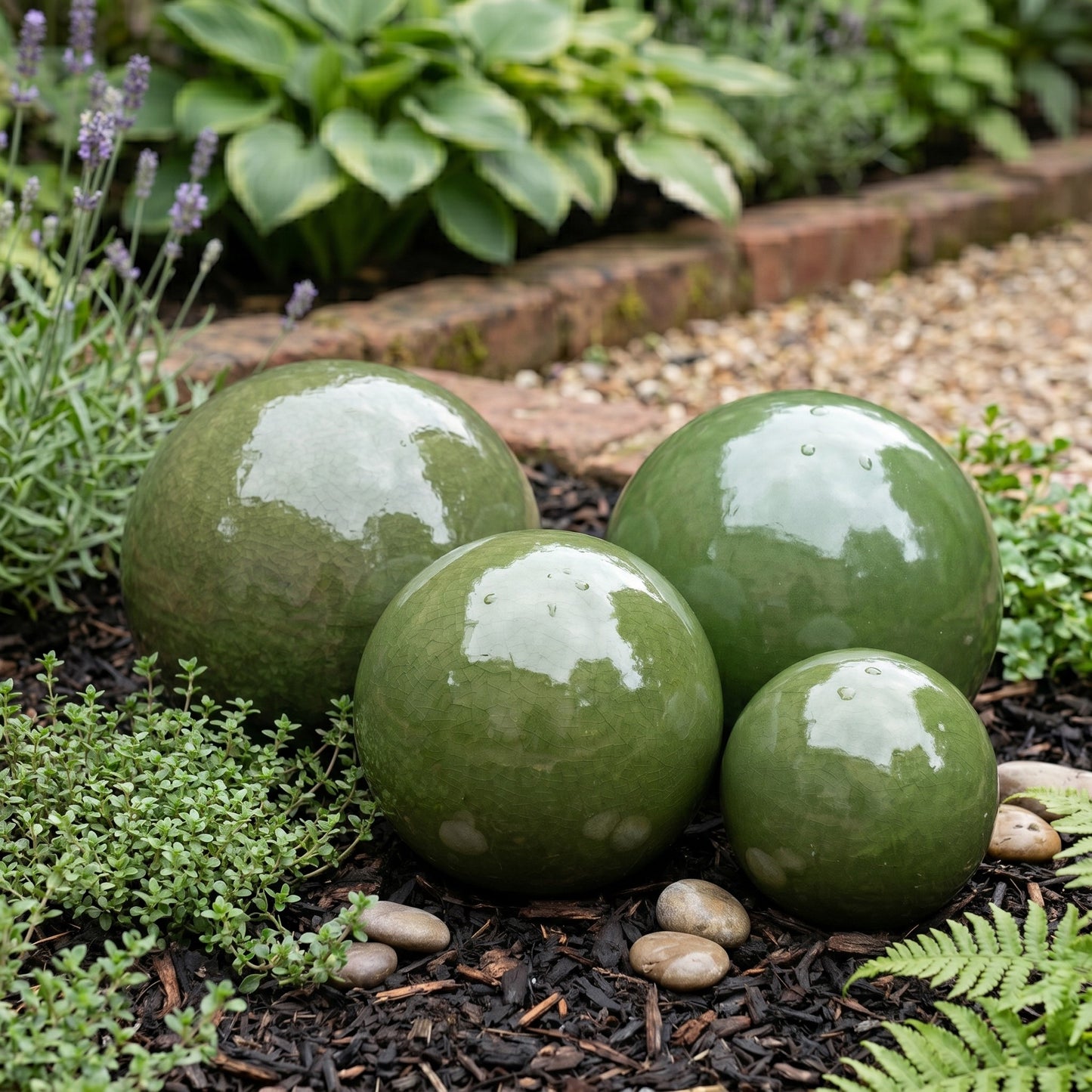 Keramik Gartenkugeln Olivgrün 3er-Set (12, 16, 20 cm) – Frostfest & Handgefertigt