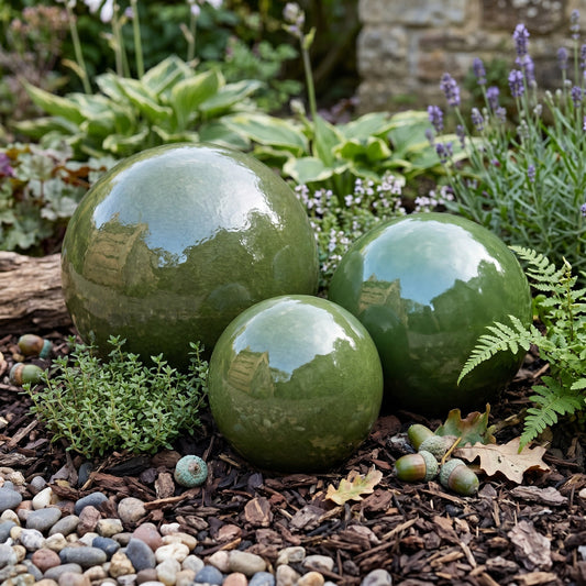 Keramik Gartenkugeln Olivgrün 3er-Set (12, 16, 20 cm) – Frostfest & Handgefertigt