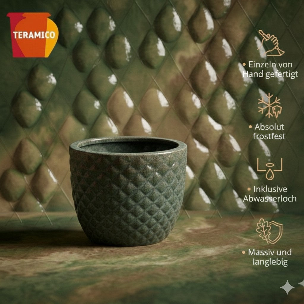 Pflanzgefäß Keramik "Bubble" Grün – Struktur & Frostfest (EggPot)