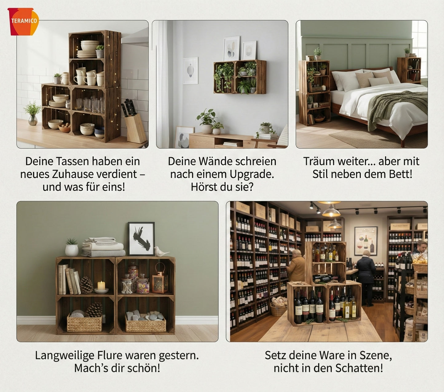 Holzkisten 50 x 40 x 30cm Geflammt Ablage Kurz 6 x