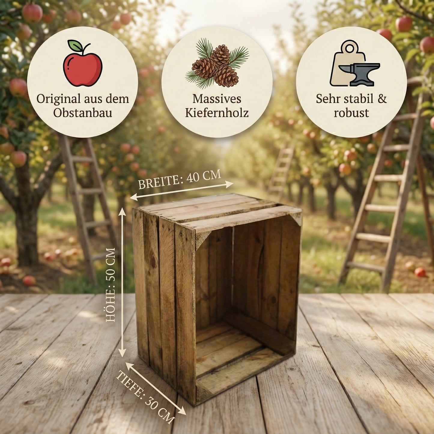 Holzkisten 6er Set Vintage Natur 50 x 40 x 30cm massiv und robust