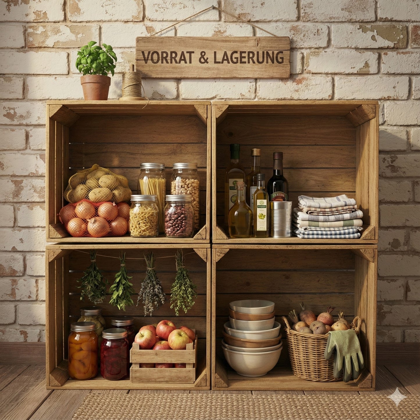 Massive Holzkisten Natur als stabile Wohnwand für Bücher, Akten und Deko.