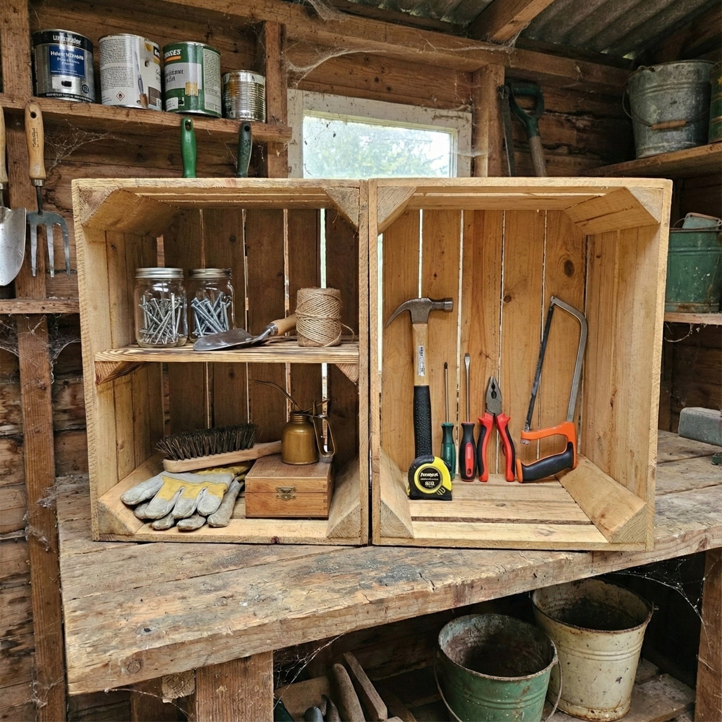 Individuelles DIY Regal gebaut aus dem 3er Set Teramico Vintage Obstkisten (Mix mit Querboden).