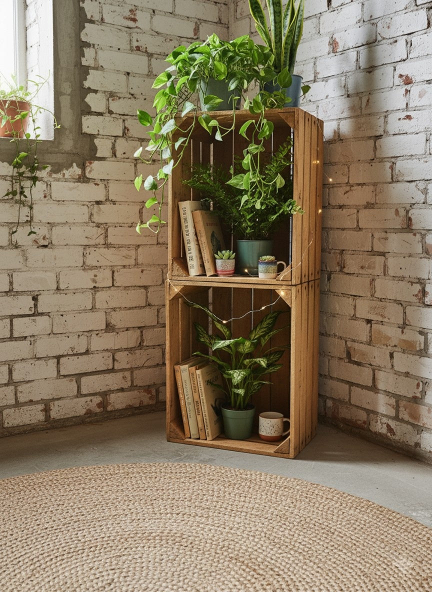 Rustikales Bücherregal gebaut aus 6 alten Obstkisten Vintage Natur im Wohnzimmer.