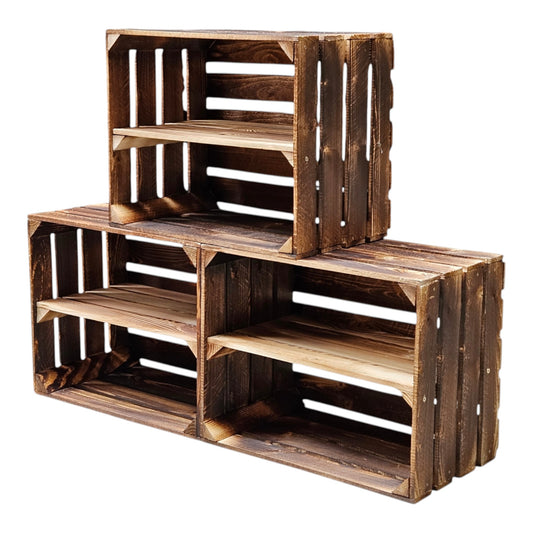 Caisses en bois avec compartiment à étagères longues 50 x 40 x 30 cm vintage flammées 