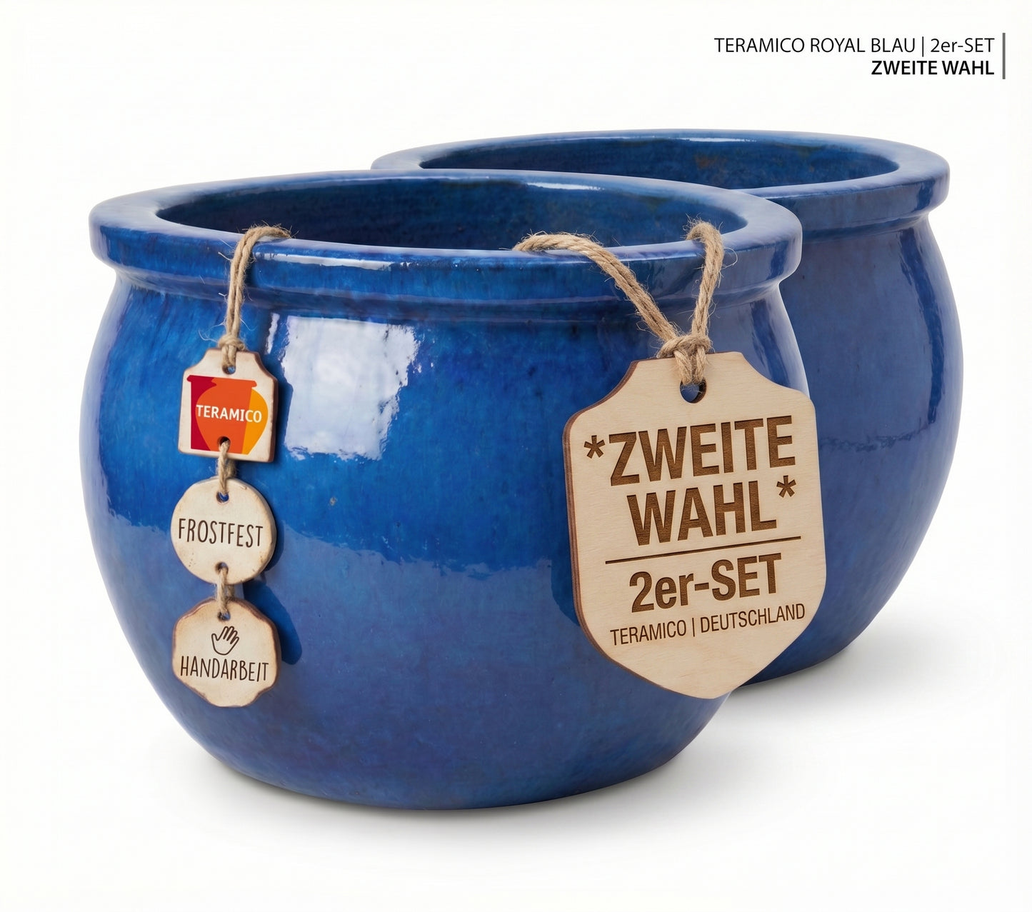 2er Set XXL Pflanzschale 49cm Royal Blau B-Ware Keramik Steinzeug winterhart