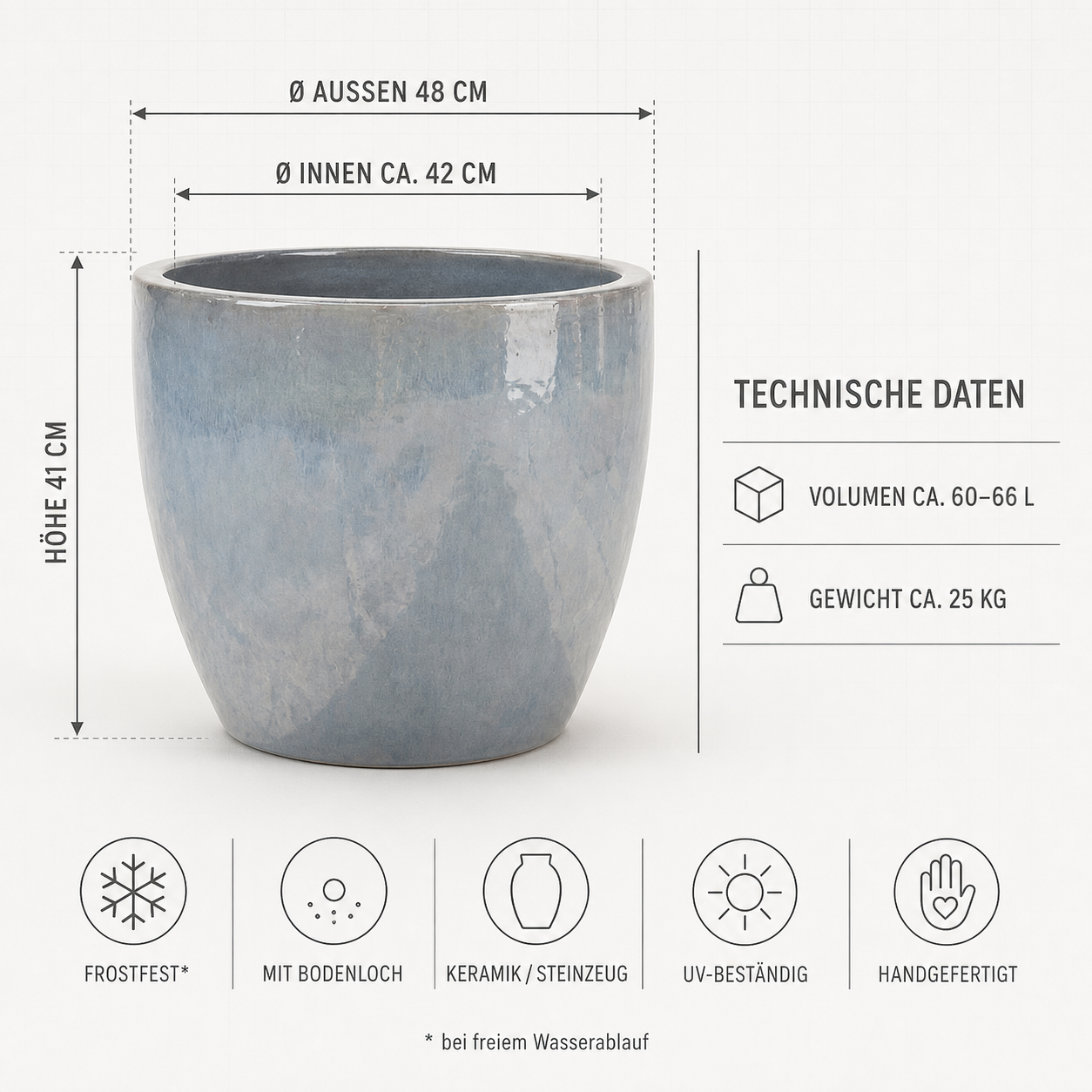 4er-Set Egg Pot Antikgrau Hell – Keramik Ø 48 cm frostfest