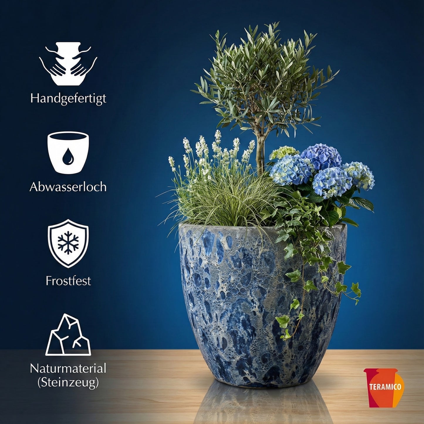 Keramik Pflanzgefäß "Egg Pot" Lava Blau Ø 38cm – Geschliffen & Struktur