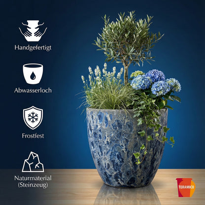 Keramik Pflanzgefäß "Egg Pot" Lava Blau Ø 38cm – Geschliffen & Struktur