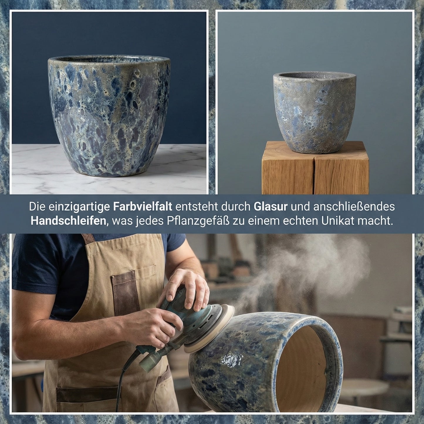 Keramik Pflanzgefäß "Egg Pot" Lava Blau Ø 38cm – Geschliffen & Struktur