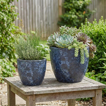 Pflanzgefäß "Egg Pot" Lava Blau – Ø 21 bis 38 cm – Geschliffene Struktur