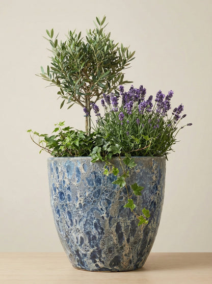 Keramik Pflanzgefäß "Egg Pot" Lava Blau Ø 29cm – Geschliffen & Struktur