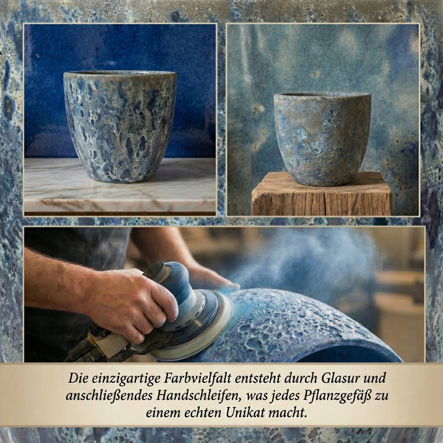 Keramik Pflanzgefäß "Egg Pot" Lava Blau Ø 29cm – Geschliffen & Struktur