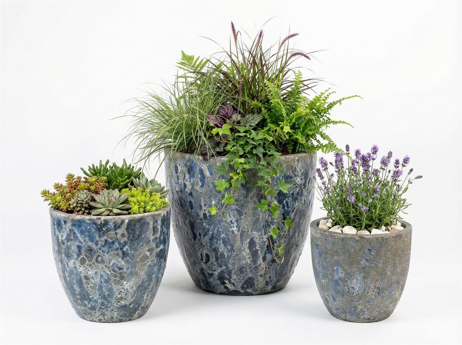 Pflanzgefäß Set Egg Pot Lava Blau - Drei blaue Keramiktöpfe mit Struktur