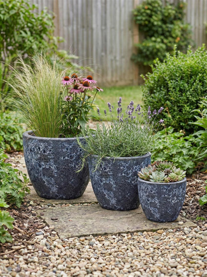 Pflanzgefäß "Egg Pot" Lava Blau – Ø 21 bis 38 cm – Geschliffene Struktur
