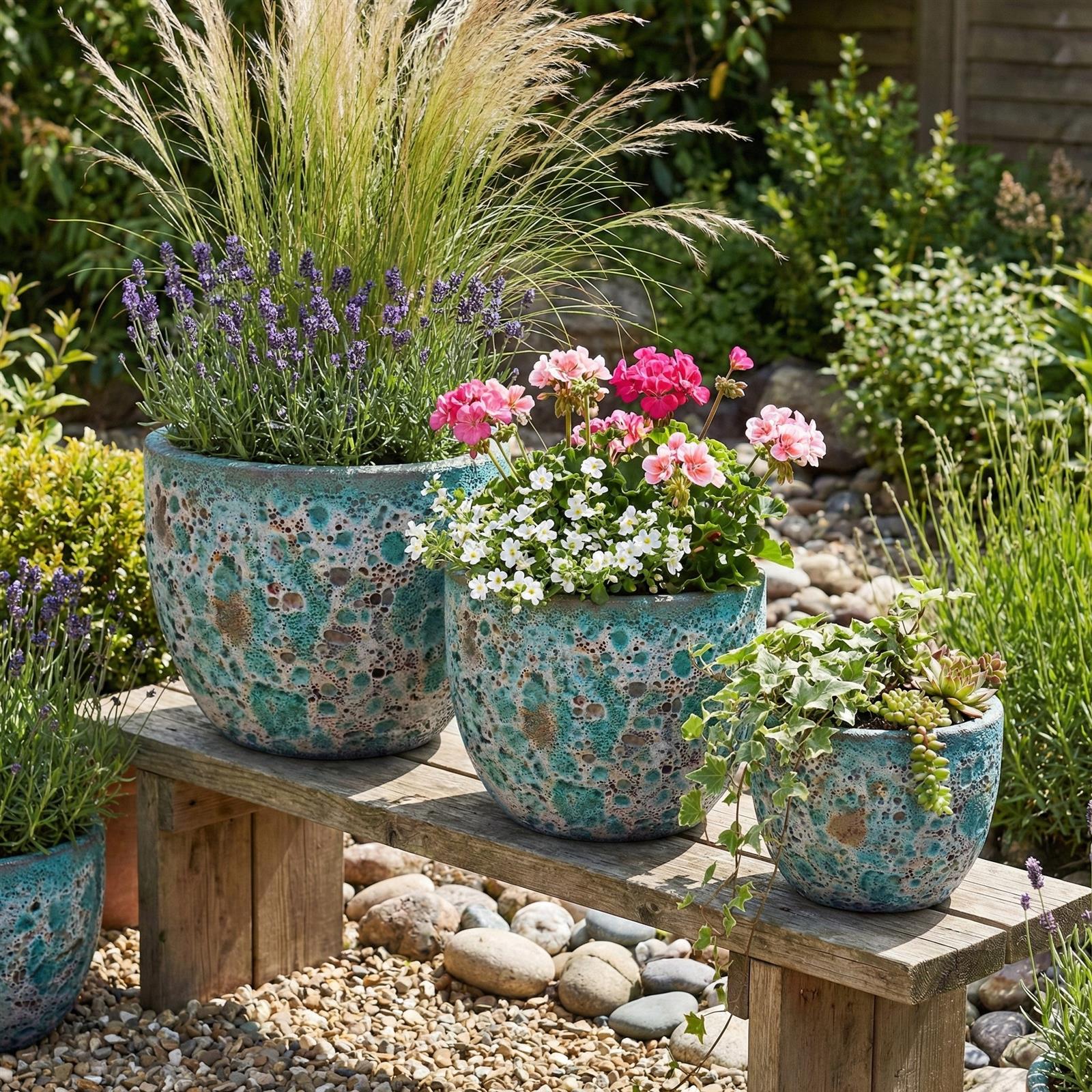 Pflanzgefäß Set Egg Pot Lava Grün - Drei grüne Keramiktöpfe mit Struktur