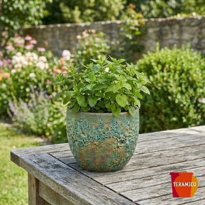 Grüne Struktur Töpfe Egg Pot Lava im Garten bepflanzt