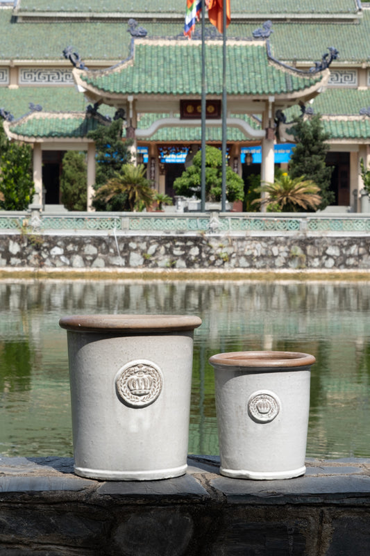 Pflanzkübel Keramik "Provence II" – Vintage Landhausstil (Ø 25cm) – Grau-Weiß Glasiert