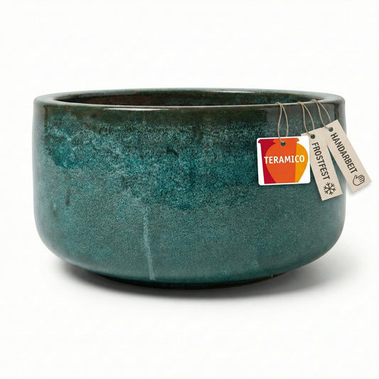 Handgefertigte Pflanzgefäß Schale aus Keramik in Moosgrün, rund, glasiert und absolut frostfest für den Garten.