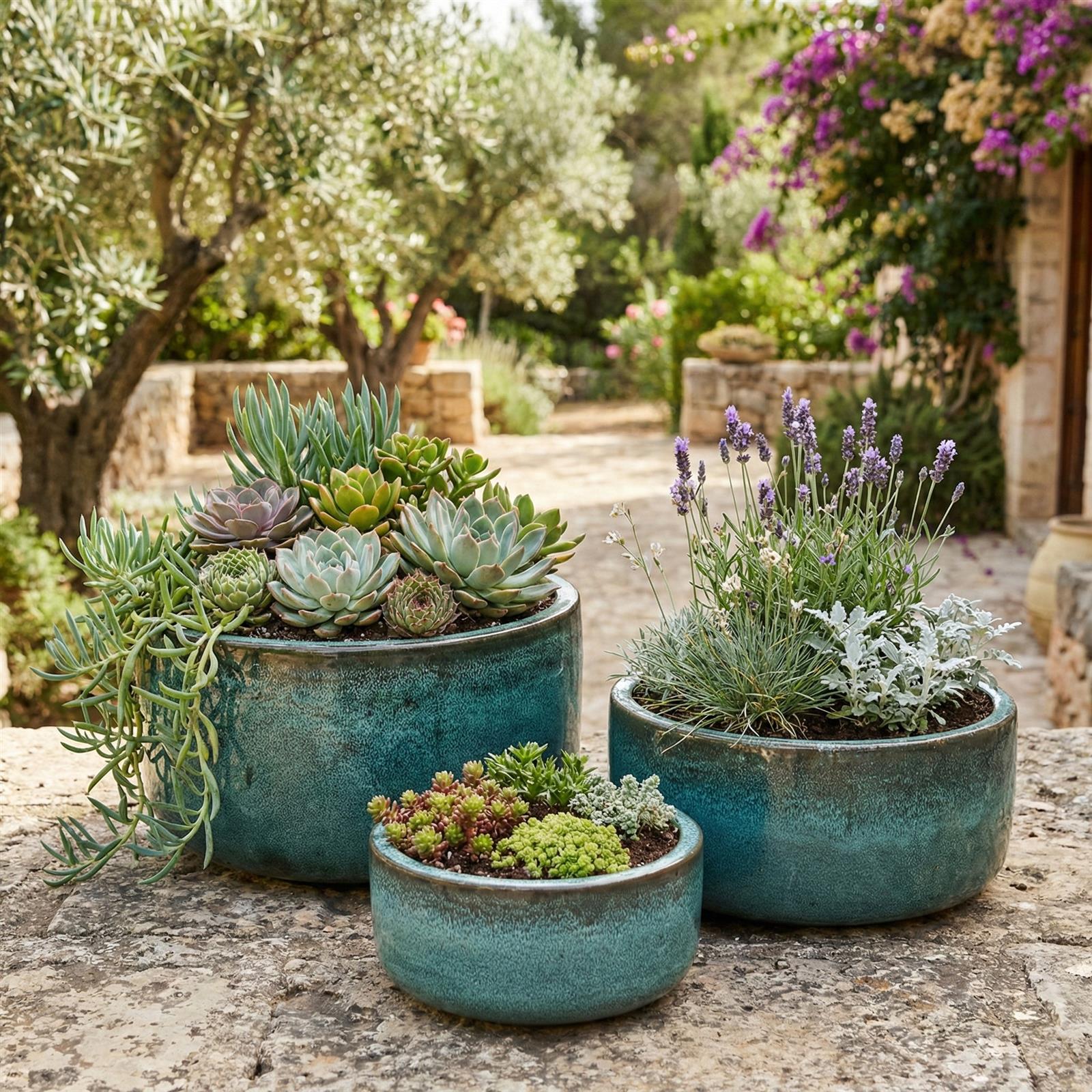 Pflanzschale Set Amsterdam Moosgrün - Drei dunkelgrüne Keramikschalen