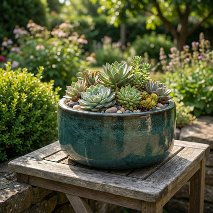 Dunkelgrüne Keramikschale Moosgrün bepflanzt auf Gartentisch