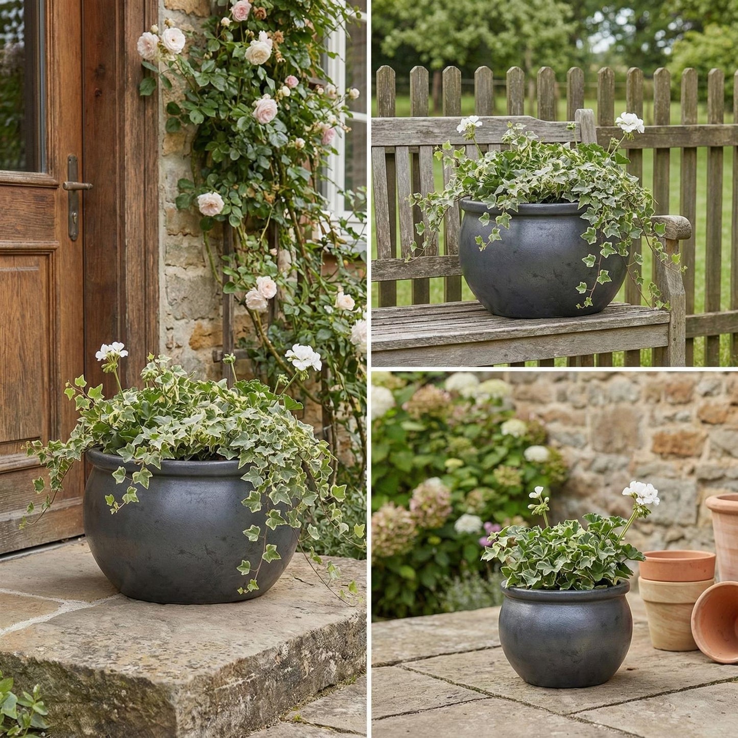 Pflanzschale flach "Anthrazit" – Ø 24, 35, 46 cm – Frostfestes Steinzeug