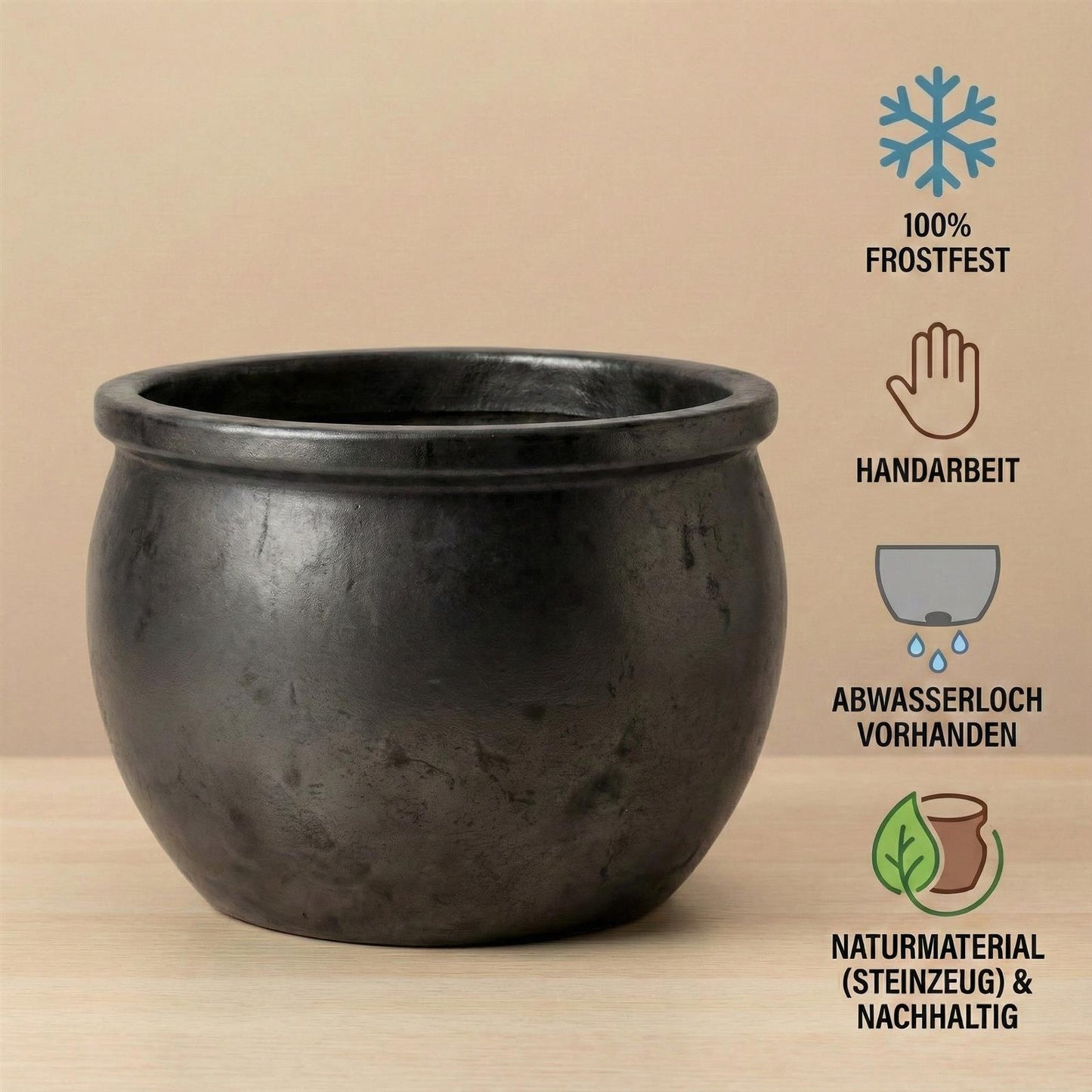 Pflanzschale flach "Anthrazit" – Ø 24, 35, 46 cm – Frostfestes Steinzeug