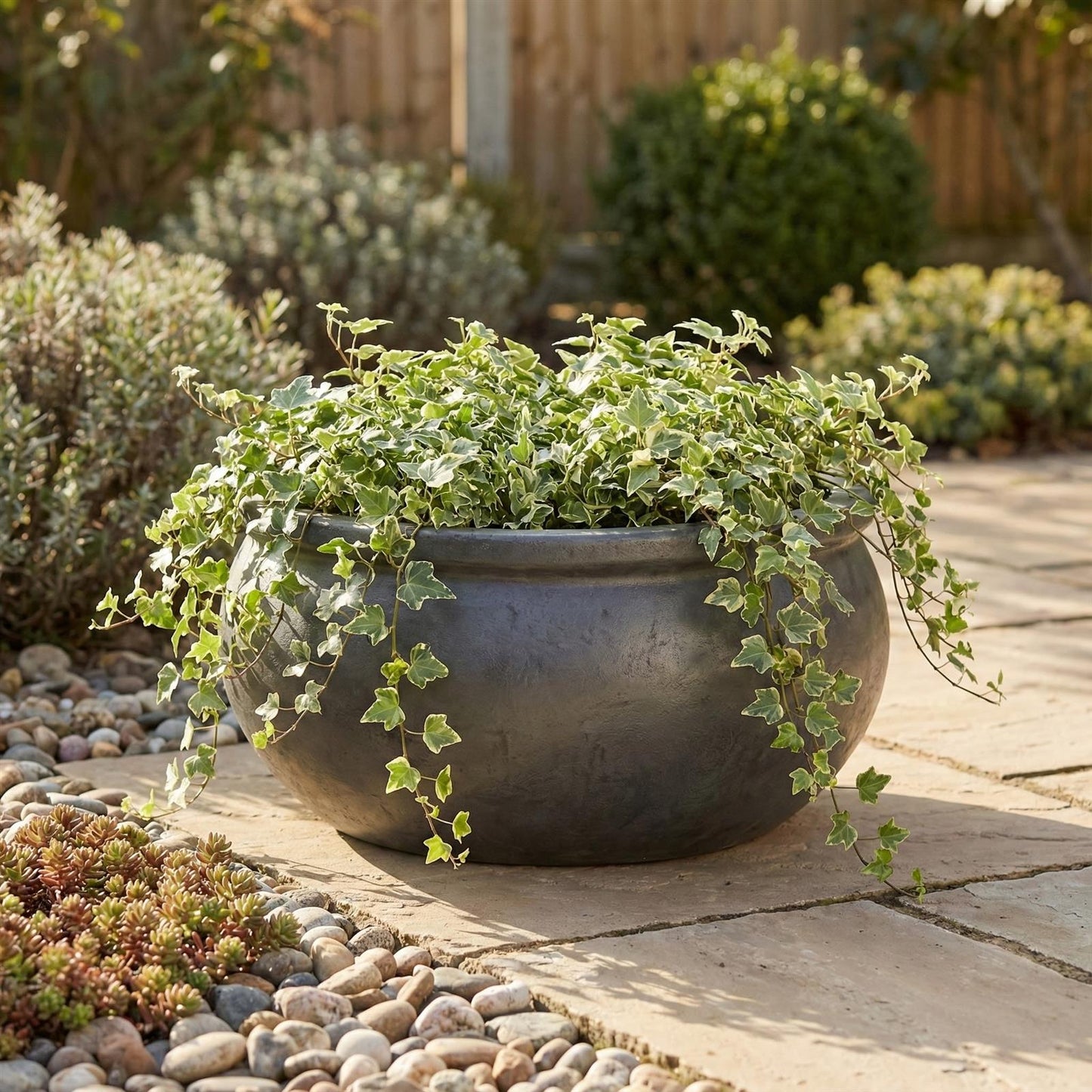 Pflanzschale flach "Anthrazit" – Ø 24, 35, 46 cm – Frostfestes Steinzeug