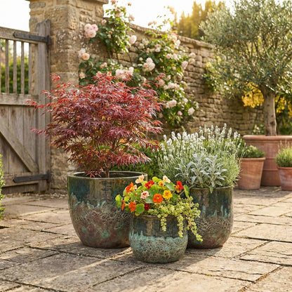 Pflanzgefäß Set Brooklyn Grün - Drei Keramiktöpfe mit Struktur Oberfläche