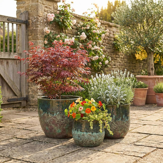 Pflanzgefäß Set Brooklyn Grün - Drei Keramiktöpfe mit Struktur Oberfläche