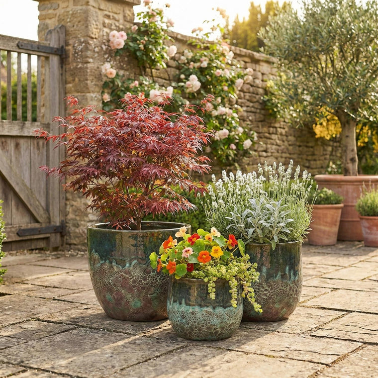 Pflanzgefäß Set Brooklyn Grün - Drei Keramiktöpfe mit Struktur Oberfläche