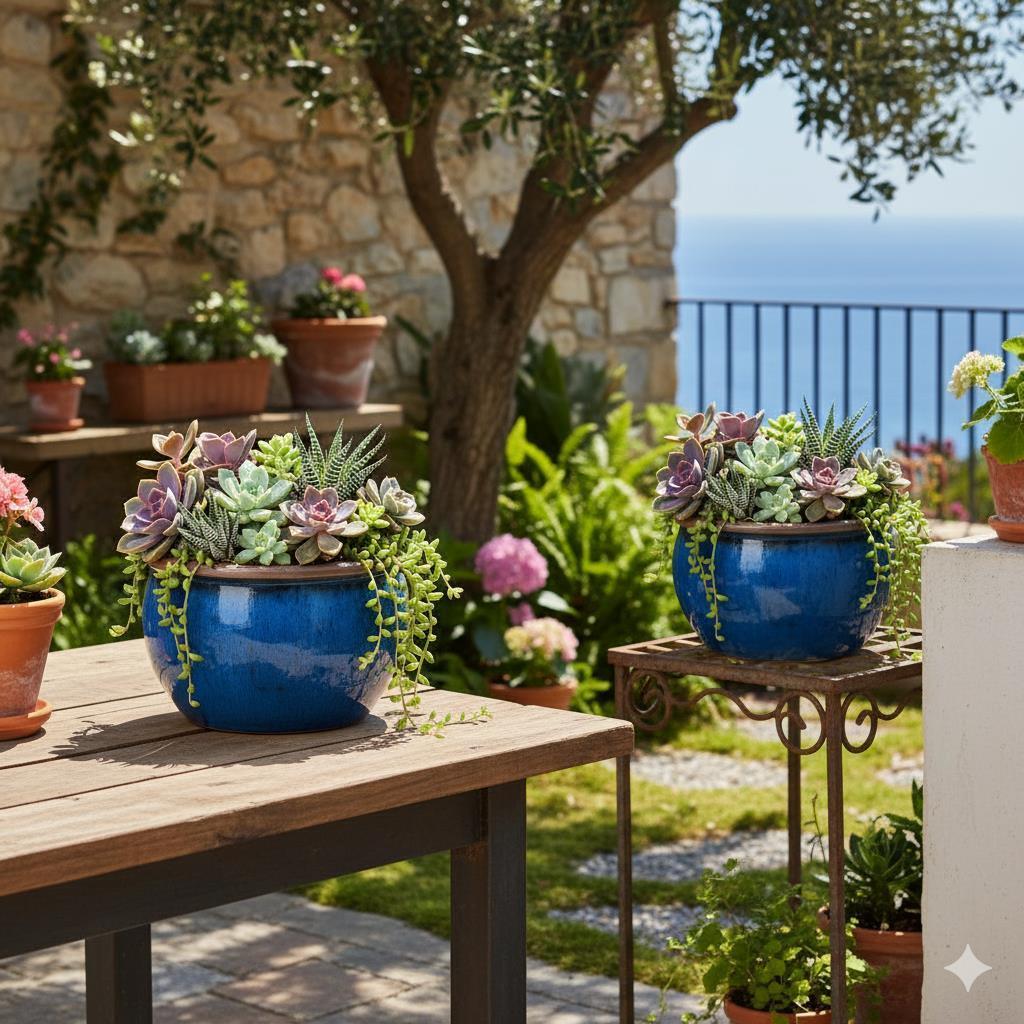 Keramik Pflanzschale "Bavaria" Royal Blau mit Rand – Wählbare Größen