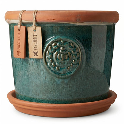 Teramico Pflanzgefäß-Set Provence Moosgrün mit Krone-Motiv & Terracotta-Teller