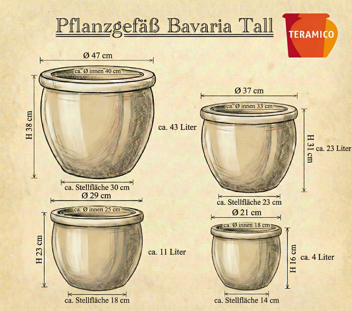 Pflanzgefäß Keramik "Bavaria Tall" Royal Blau Ø 21 - 47 cm Frostfest