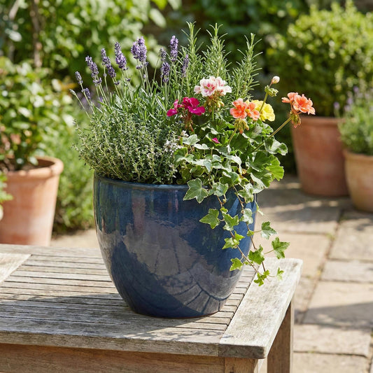 Dunkelgraue Pflanzkübel Egg Pot im Garten bepflanzt